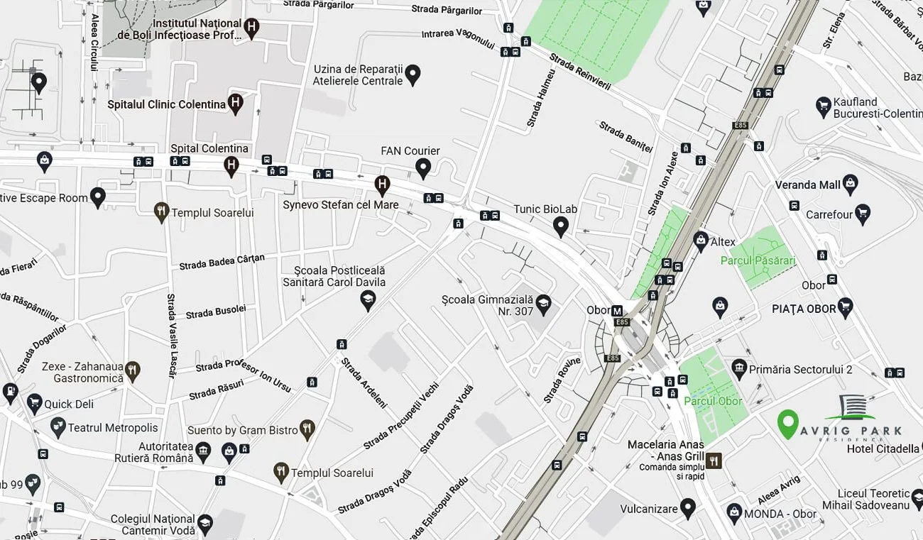 Harta zonei Avrig Park Residence – Bucur Obor, Sector 2, București: metrou, parcuri, școli, spitale, mall-uri