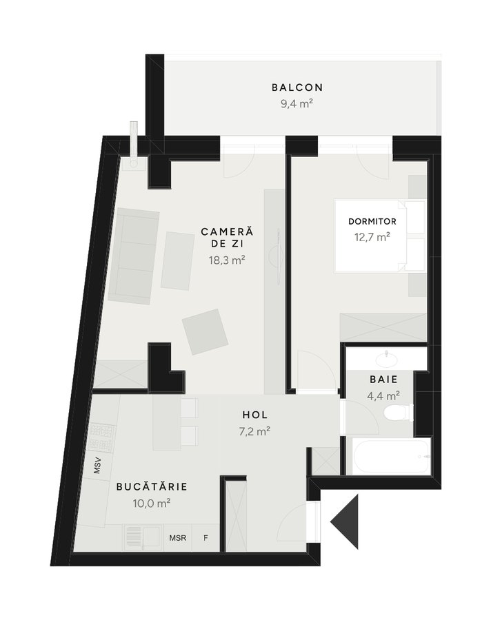 Plan apartament 2 camere TIP 1B-2 – 62,1 m² utili – Avrig Park Residence, Faza 2