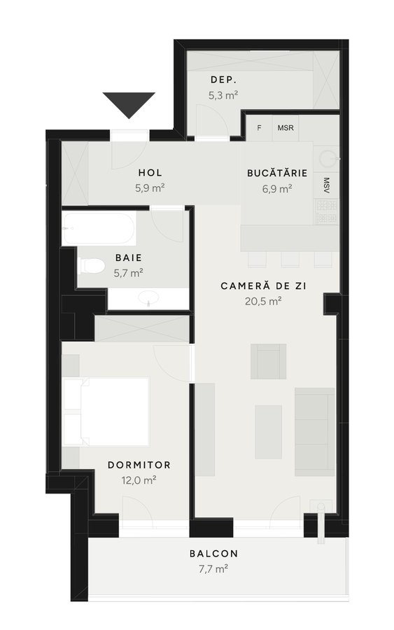 Plan apartament 2 camere TIP 9B-2 – 56,6–64,3 m² utili – Avrig Park Residence, Faza 2