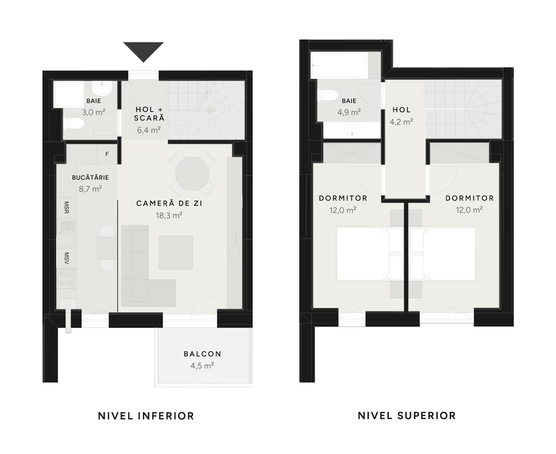 Plan duplex 3 camere TIP 14B-3 – 74,0 m² utili – Avrig Park Residence, Faza 2