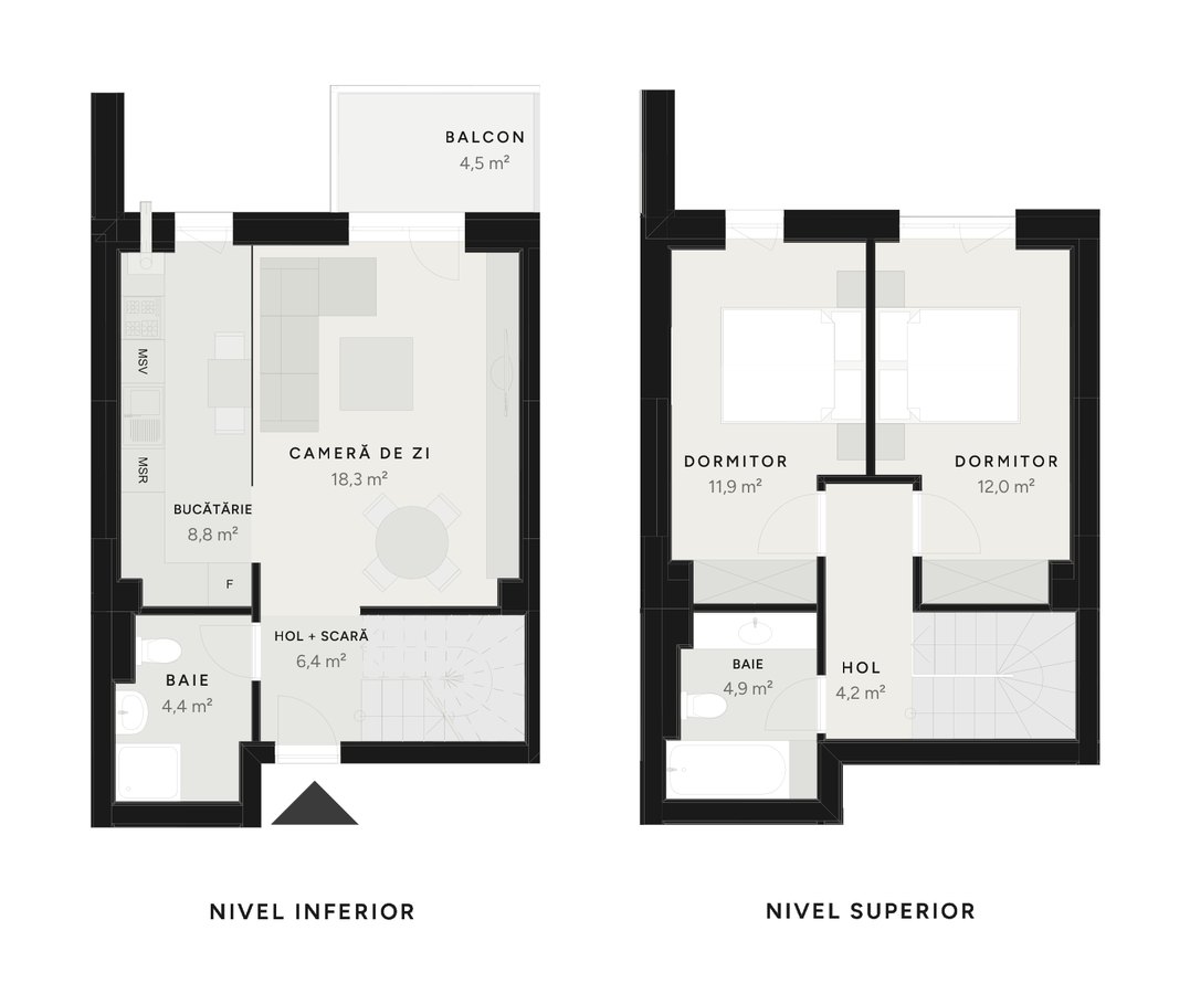 Plan duplex 3 camere TIP 14B-4 – 75,5 m² utili – Avrig Park Residence, Faza 2