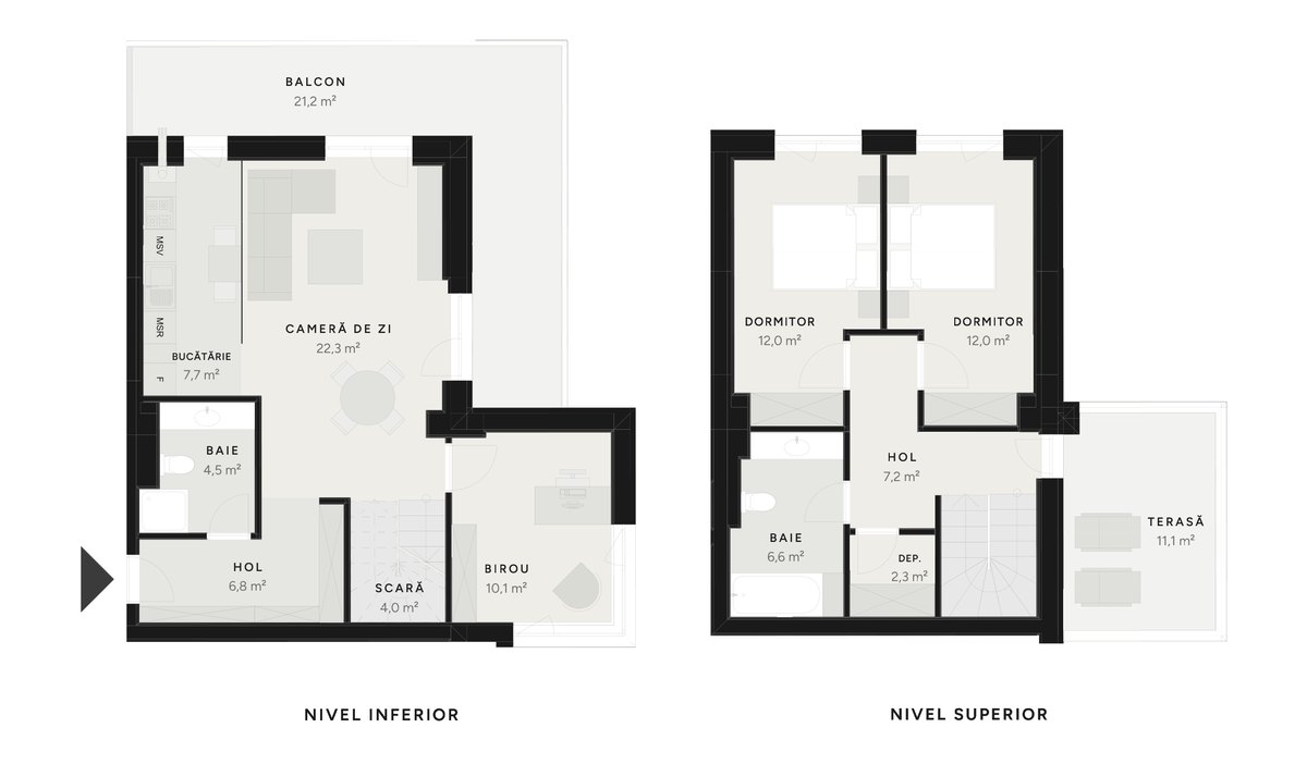 Plan duplex 4 camere TIP 18B – 127,9 m² utili – Avrig Park Residence, Faza 2